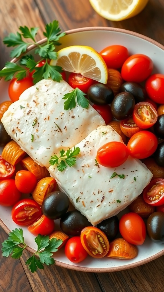 Plate of Mediterranean cod with cherry tomatoes and olives, garnished with parsley and lemon wedges.